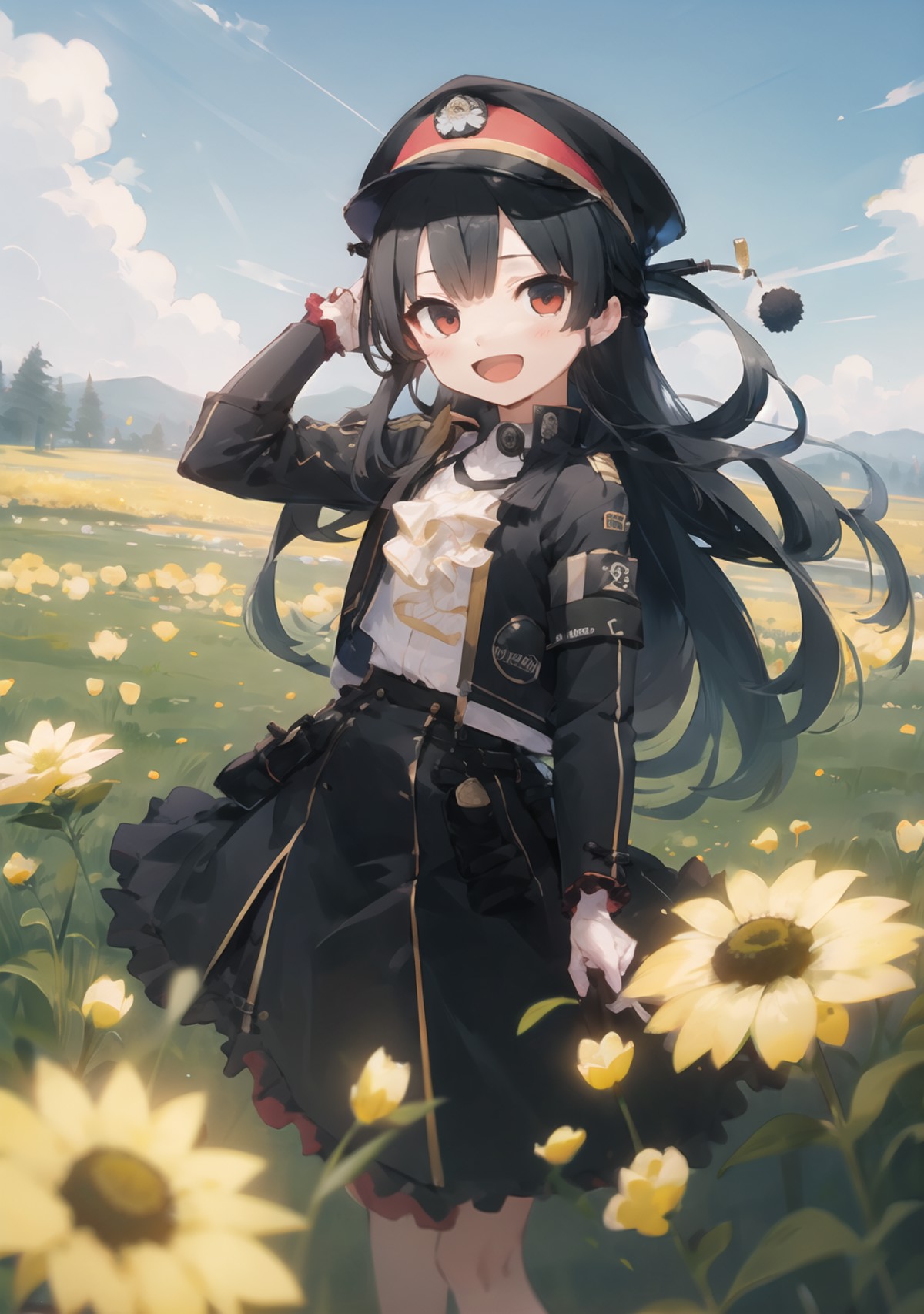 masterpiece,best quality,
8620 \(uniform\), hat,long hair,open jacket,black skirt,
smile,looking at viewer,open mouth,
sta...